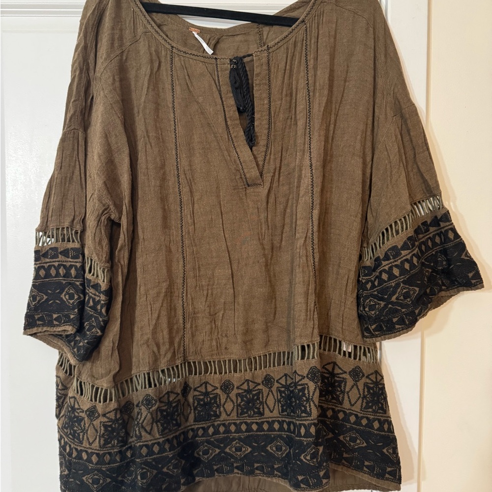 Free People Olive Green and Black Boho Blouse